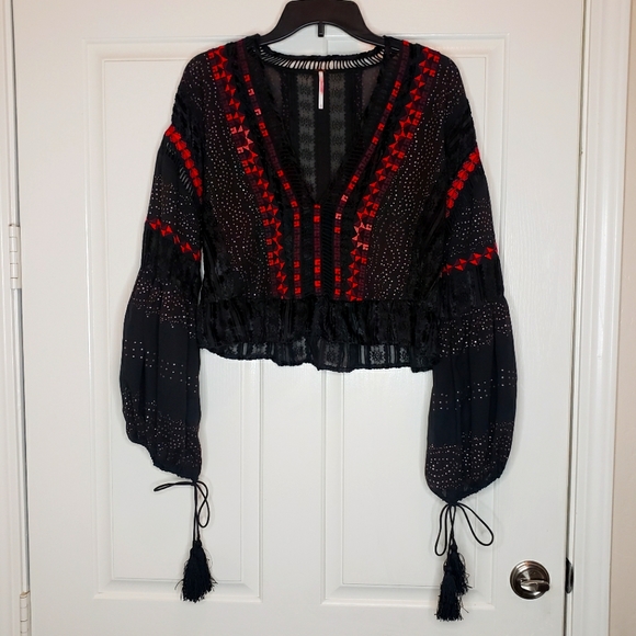 Free People Tops - Free People embroidery and lace bell sleeve crop blouse, black and red, XS